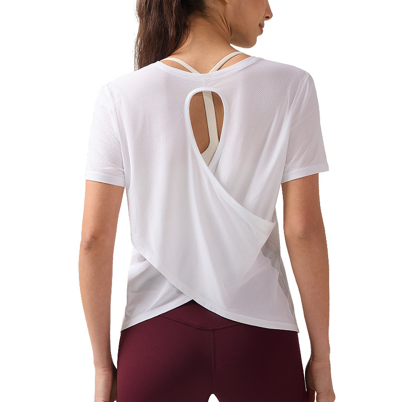 Verano fresco de mangas cortas mujeres transpirables ropa de yoga de espalda gorra de cuello redondo camiseta de correr de secado rápido camiseta de deporte agujero
