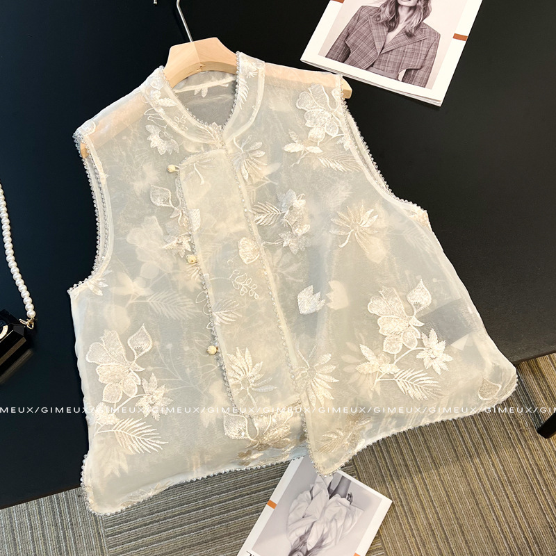 New Chinese Style National Style Embroidered Jacquard Stand Collar Vest Jacket for Women 2024 Summer Design Organza Sleeveless Vest