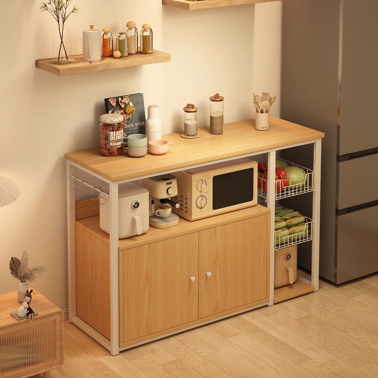 Mueble de Cocina Organizador para Microondas Multicapa de Paneles de Madera para Cocina