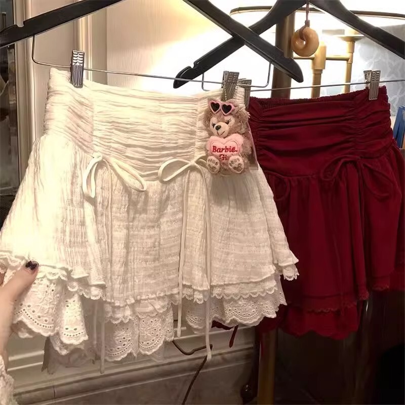 Bow Tie Lace White Cake Skirt Short 2025 New Cute Versatile Short Skirt Sweet Skirt