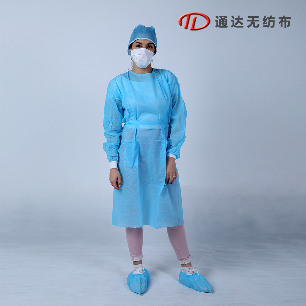 一次性蓝色针织袖口无纺布PP隔离衣厂家直销