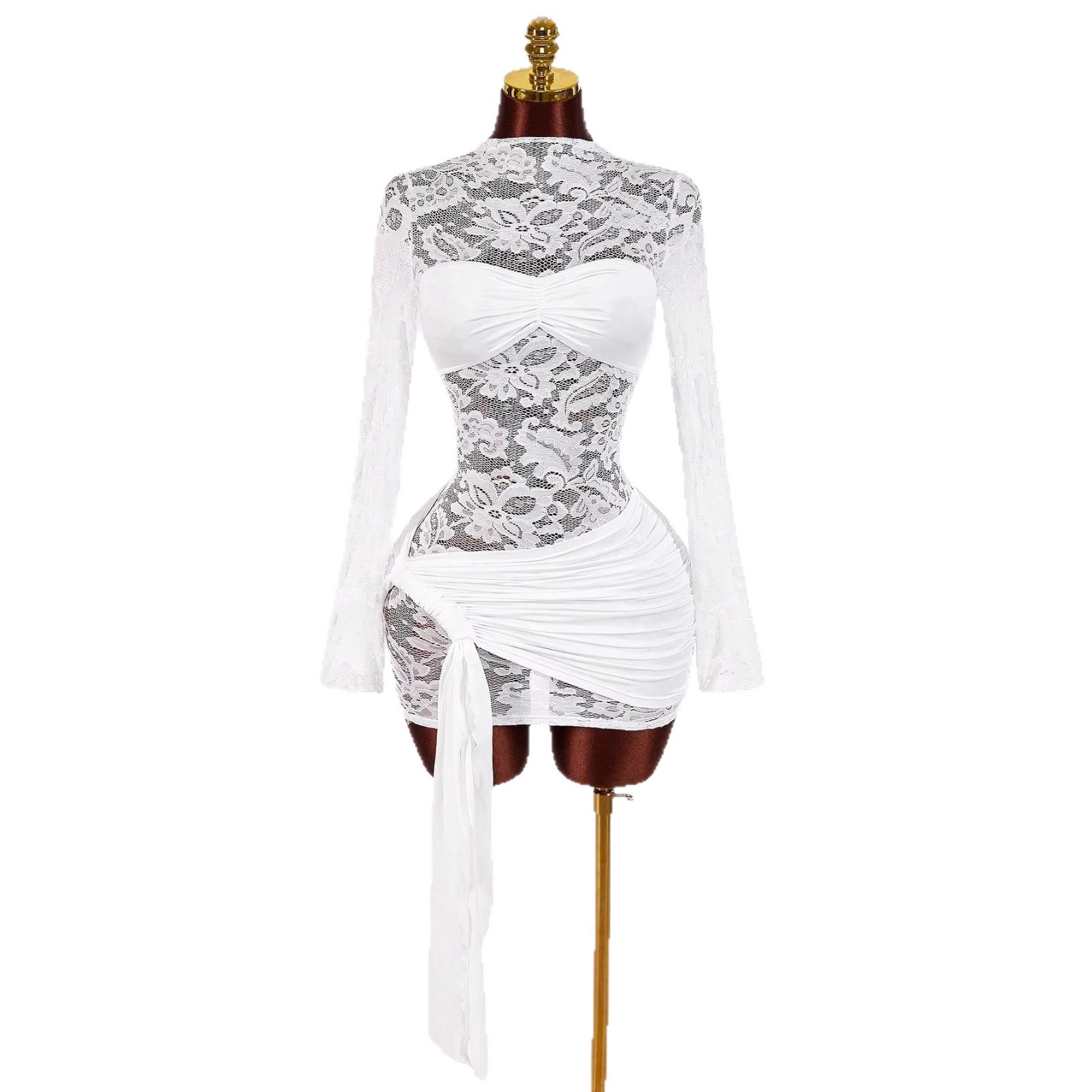 Sexy Lace Trimmed Mesh Fabric Round Neck Long Sleeved Slim Fit Pleated Tie Up Dress_ecoleips.com