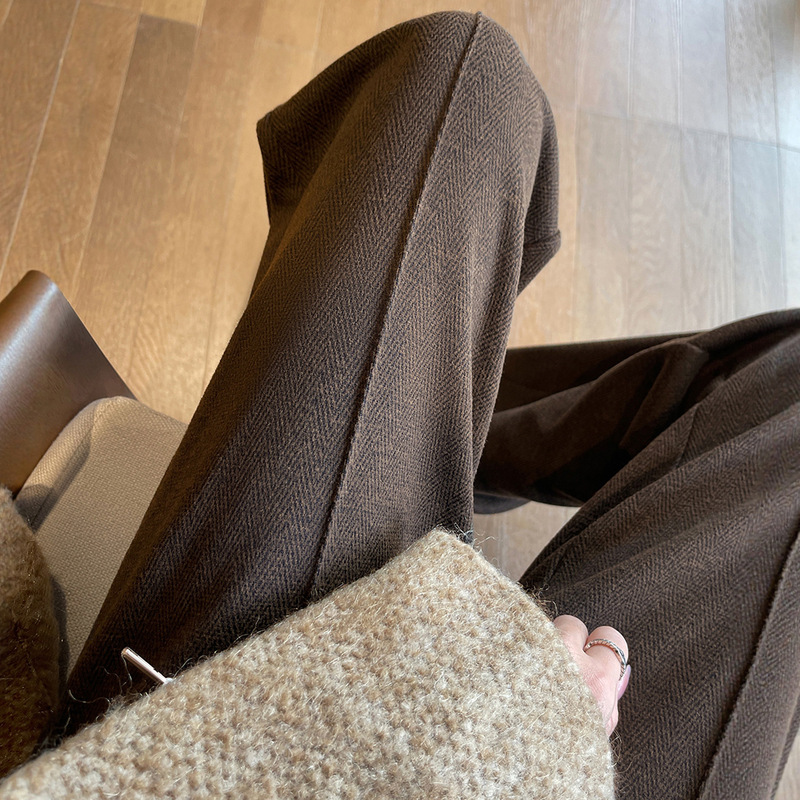 Wool Wide-Leg Pants for Women, Spring and Autumn 2026, High-Waisted Casual Drape Narrow Straight-Leg Pants, High-End Herringbone Woolen Pants