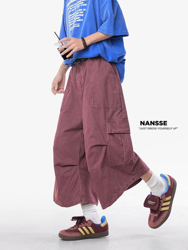American Retro Workwear Seven-Fourth Length Men's Pants 2025 New Design Loose Shorts Straight Leg Wide Leg Paratrooper Denim Pants