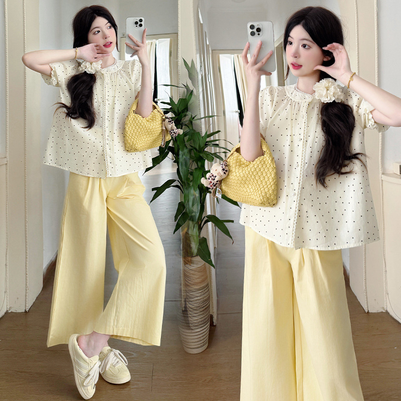 2025 Summer Dress Pregnant Women suit Korean Sweet Cute Polo Dot Top Milk Yellow Pregnant Women Wide Leg Pants Two-piece Set