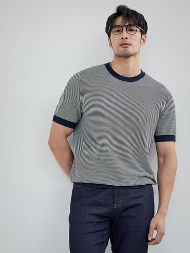 Ice Silk Round Neck Knit Short Sleeve Summer T-Shirt with Fine Stripes Half Sleeve Base Layer Thin Collor Blocking T-Shirt with Nautical Print