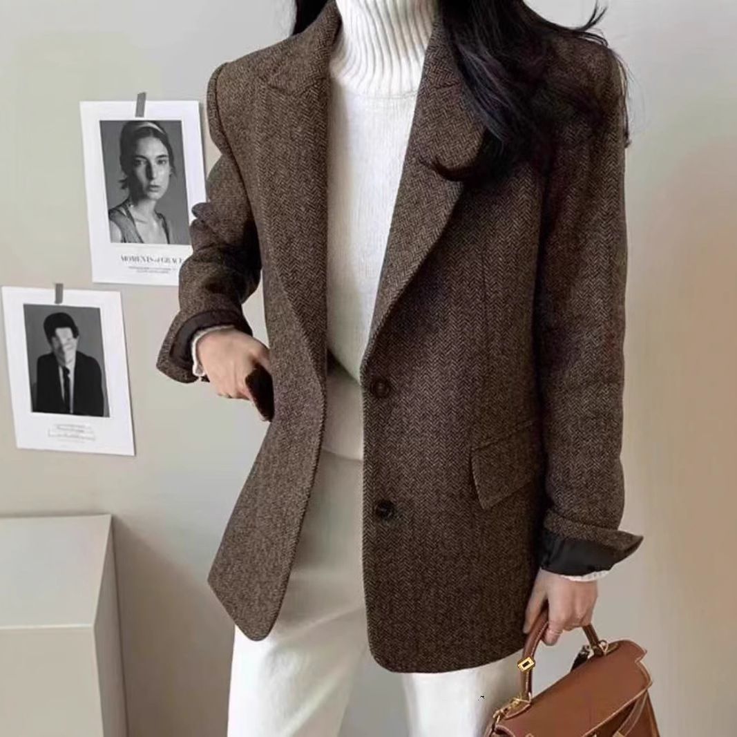 灰色毛呢西装外套女2025秋冬新款韩版小个子休闲气质羊毛呢子上衣