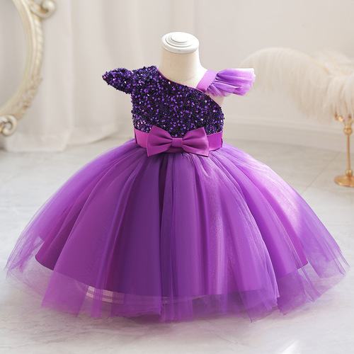 Girls dress mesh sequined tutu skirt raglan small flying sleeves bow evening dress evening dress flower girl dress