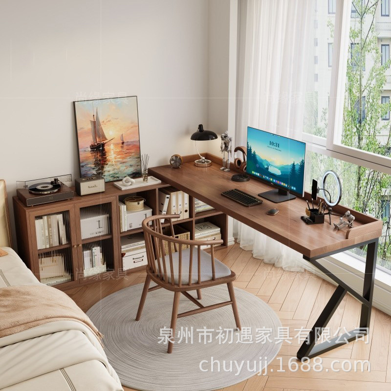 Solid Wood Corner Desk Bookcase Integrated Combination Bedroom L-Type Double Desk Wall Study Corner Computer Desk