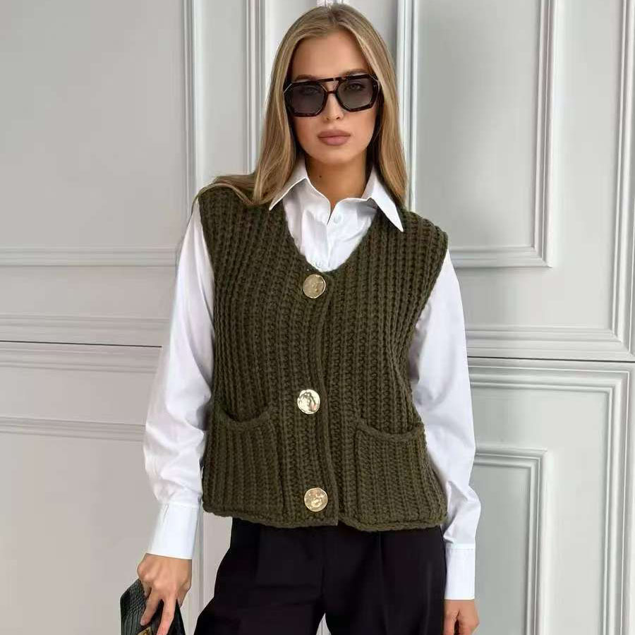 Cross-Border Thick Knit Sweater for Women European and American 2025 Autumn and Winter New V-Neck Pocket Sleeveless Cardigan Knitted Vest for Women