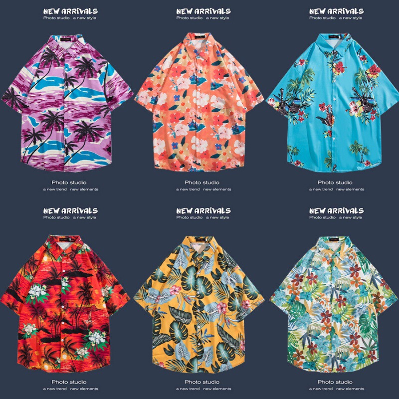 Cross-border summer seaside vacation short-sleeved floral shirt men's Hawaiian trendy shirt couple's beach loose shirt