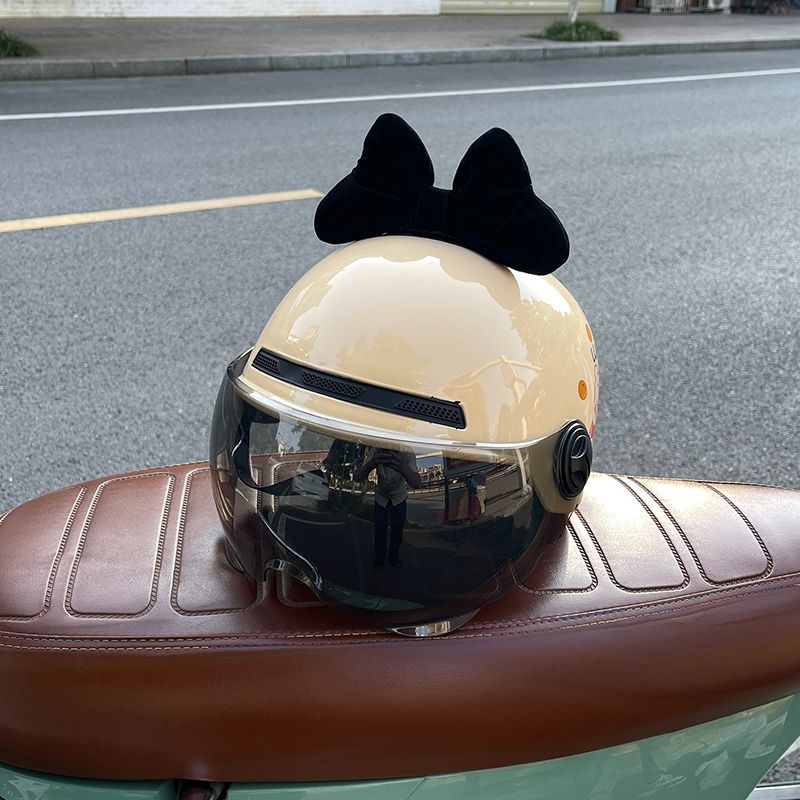 Universal Creative Bow Electric Motorcycle Helmet Cute Cartoon Bear Helmet (Auto Parts and Accessories) - brown-short-visor-pink