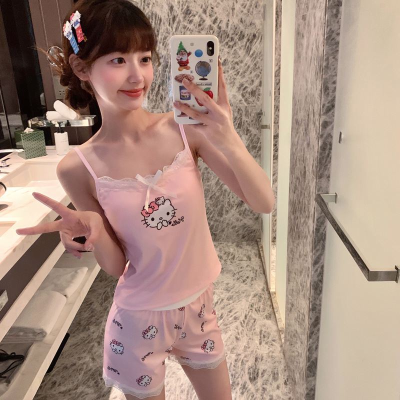Summer New Ice Silk Threaded Pajamas for Women, Cute Suspender Shorts with Breast Pads, Two-Piece Home Clothes