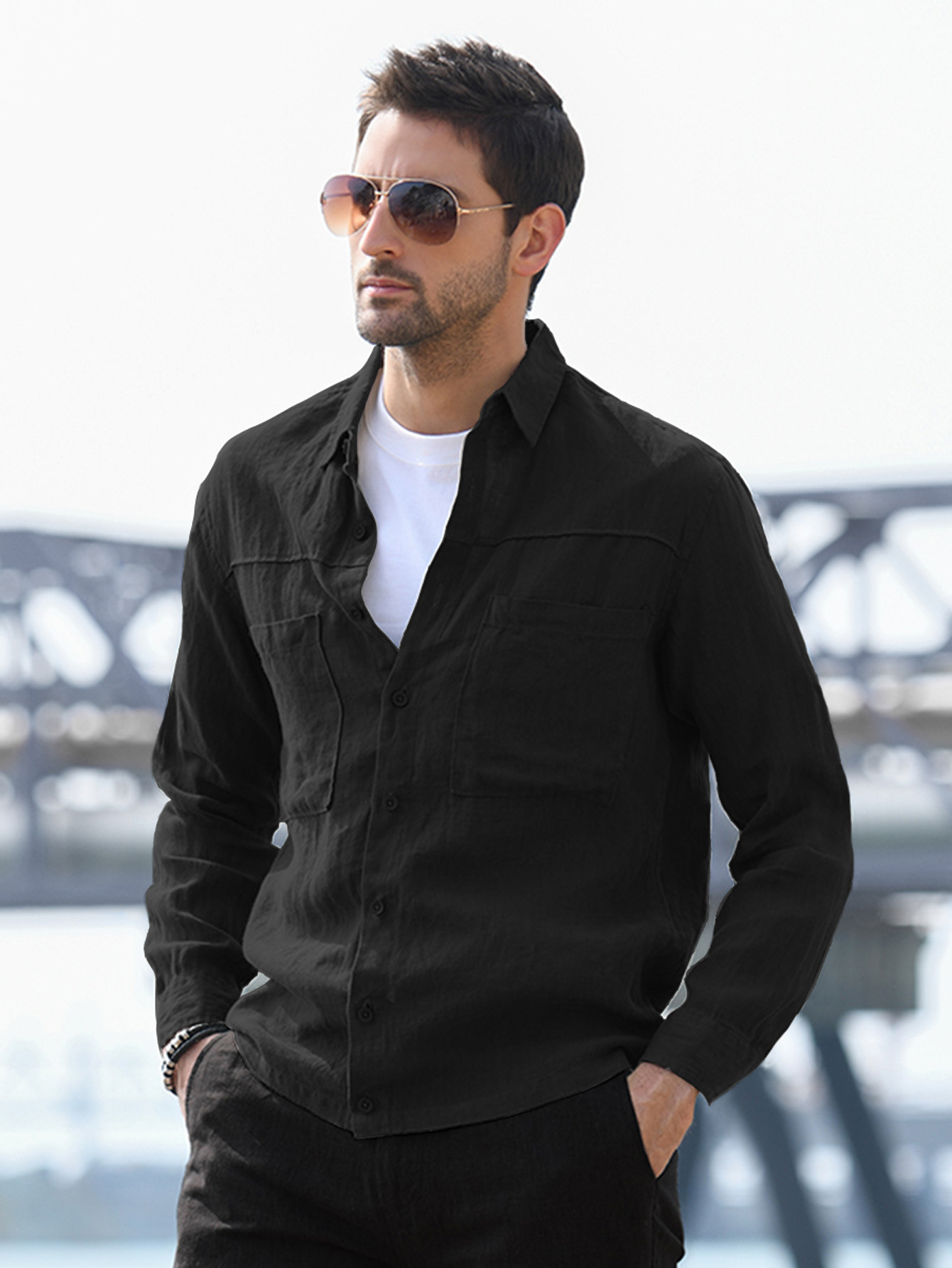 Ropa de hombre transfronteriza nueva juventud suelta más el tamaño de los hombres de color sólido simple solapa de manga larga Camisa de algodón y lino en stock Generación de cabello