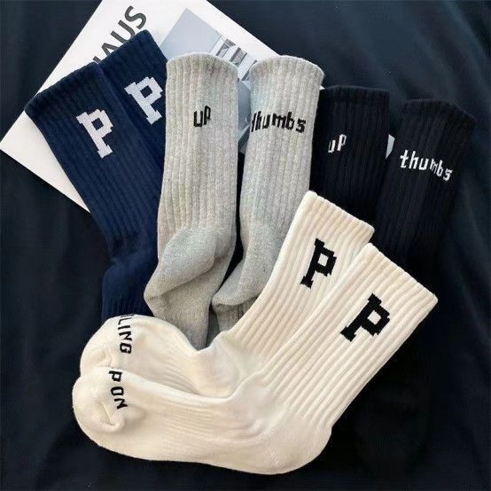 Women's Autumn and Winter P Letter Light Sports Odor-Resistant Sweat-Absorbing Trendy Versatile Socks for Outdoor Wear with Shark Pants Mid-Length