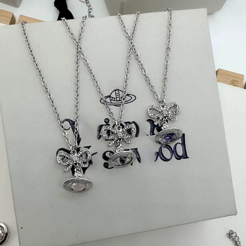 Three dimensional necklace with bow, cute chain for key bag , earrings, diamond encrusted, light luxury style, bright catchy style