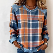 2025亚马逊跨境新款格子拼接牛仔圆领宽松女式卫衣源头工厂店