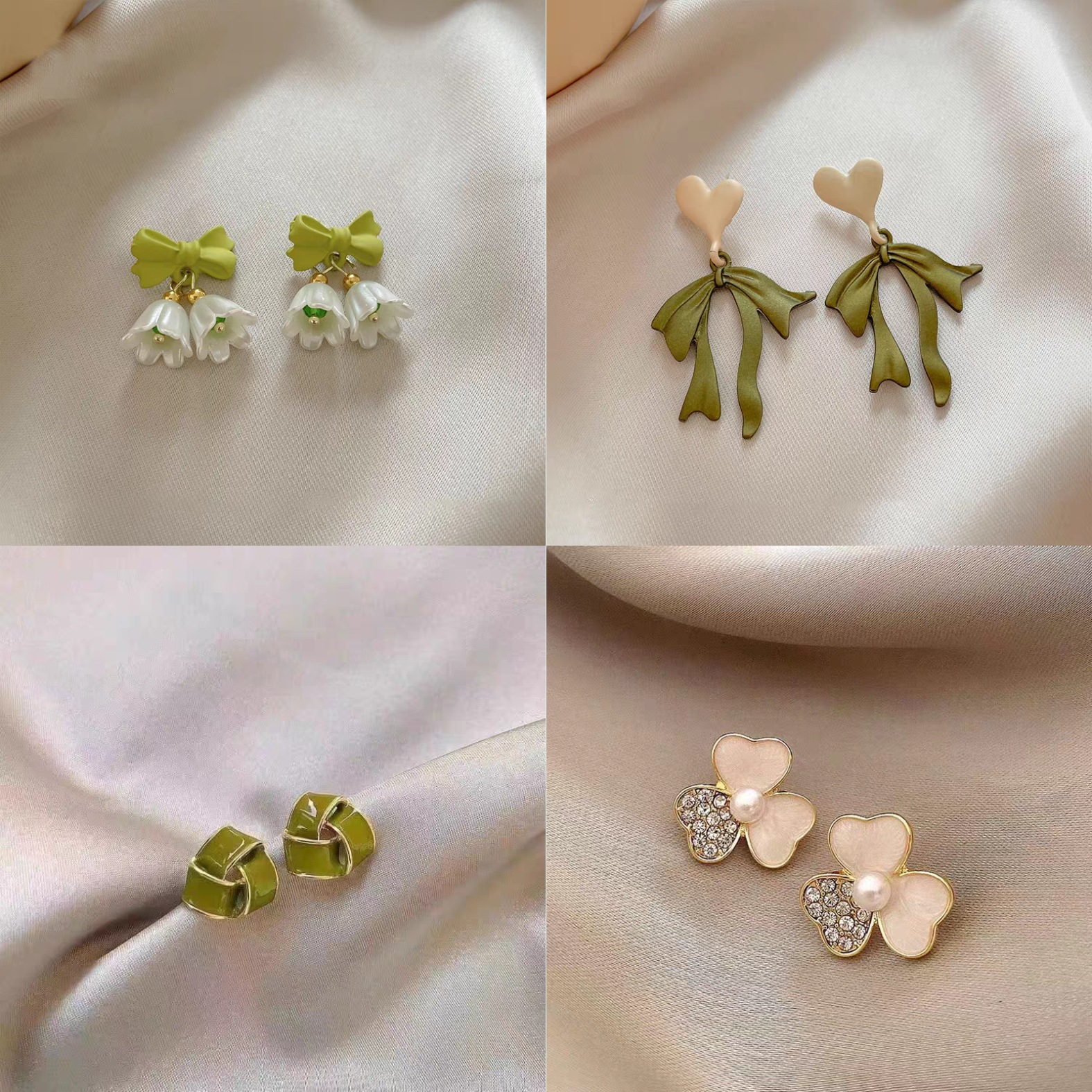 S925银针春夏铃兰花耳钉女绿色蝴蝶结小铃铛耳坠甜美淑女气质耳饰