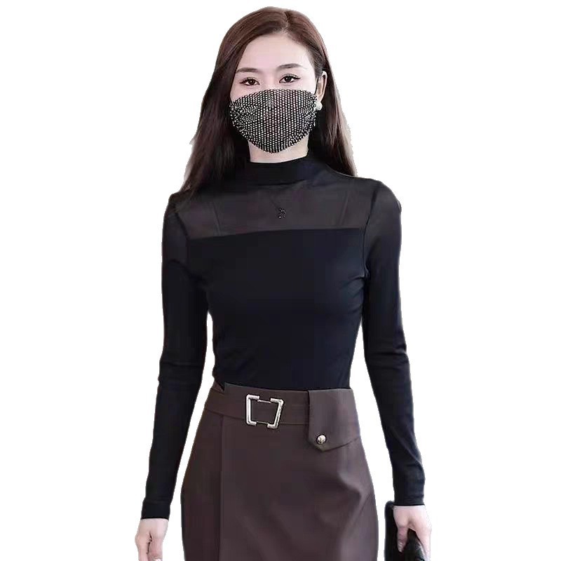 半高领拼接蕾丝金丝绒打底衫女春秋内搭长袖气质内搭秋新款修身上|undefined