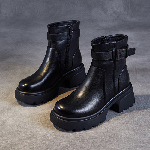 Women's Thick-Heeled Martens with Round Toe Chelsea Boots, Autumn/Winter New Arrival, British Style with Belt Buckle, Genuine Leather Motorcycles Short Boots