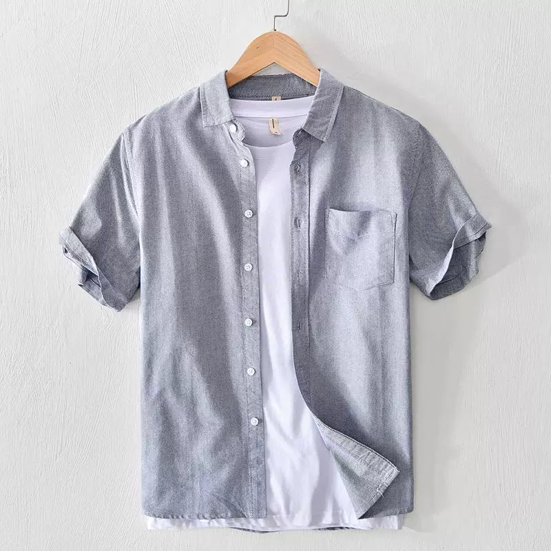 L779 Летняя простая универсальная Однотонная рубашка, мужская повседневная Свободная рубашка с короткими рукавами и карманами, Мужская цельная стрижка