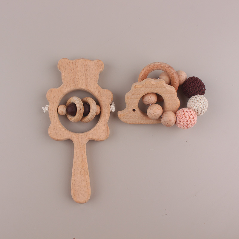 Beech Bear Bell Baby Molars Bracelet Handmade Beads Cartoon Handbell Juguetes para niños dos piezas