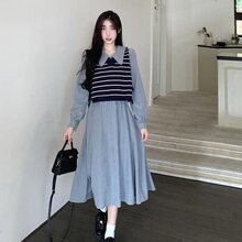 大码胖2025秋季洋气条纹针织衫马甲显瘦遮肉长袖连衣裙两件套装