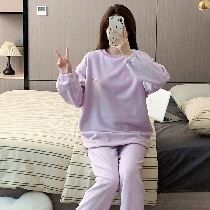 Зимняя новая пижама женская фланель плюс толстый мультяшный круглый воротник для отдыха можно носить на улице теплый набор домашней одежды