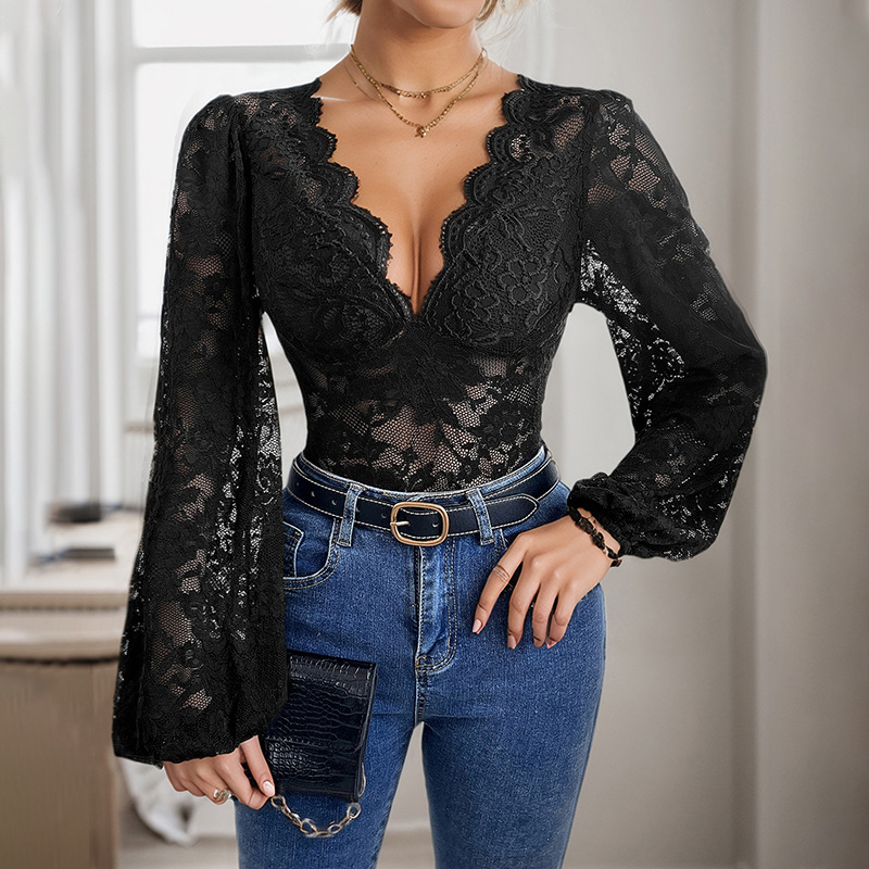 Tuta in pizzo a maniche lunghe da donna – Elegante tuta con scollo a V e pannelli in rete trasparente (nero, S-XL)_voghion.com