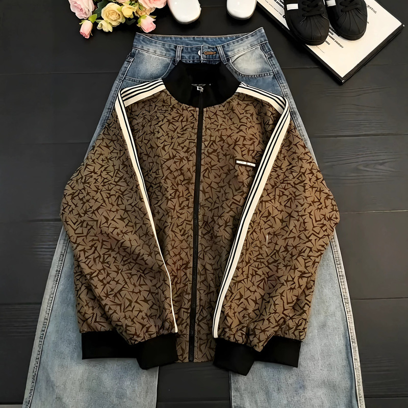 American-style thorn-collar jacket for men, autumn, stylish, high-end, striped workwear, color-blocked short baseball jacket