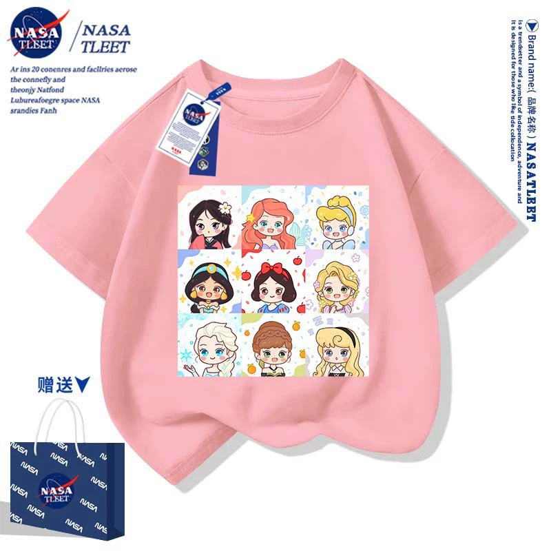 NASA совместно брендированная летняя одежда для мальчиков и девочек, принт Снежная Белоснежка, новый стиль, модная базовая футболка для учащихся начальной и средней школы