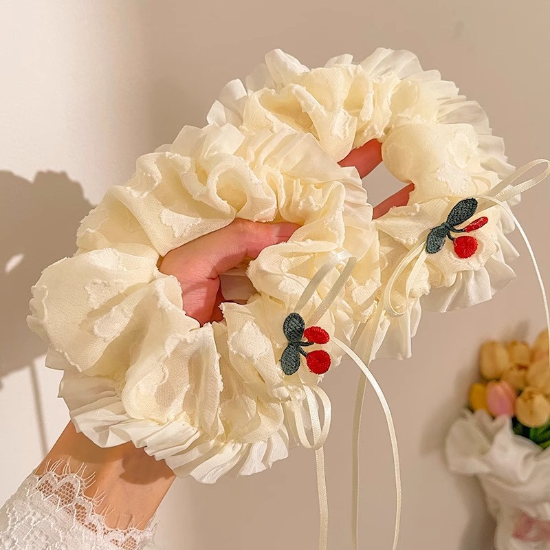 Embroidered Cherry Scrunchie With Lace Tie For Hair Accessory_voghion.com