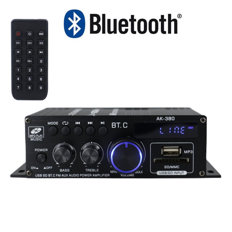 Ak-380 Bluetooth Small Power Amplifier with Aluminum Alloy Shell, 12V Power Supply, Bluetooth USB Card Reader, Radio, Manufacturer Wholesale