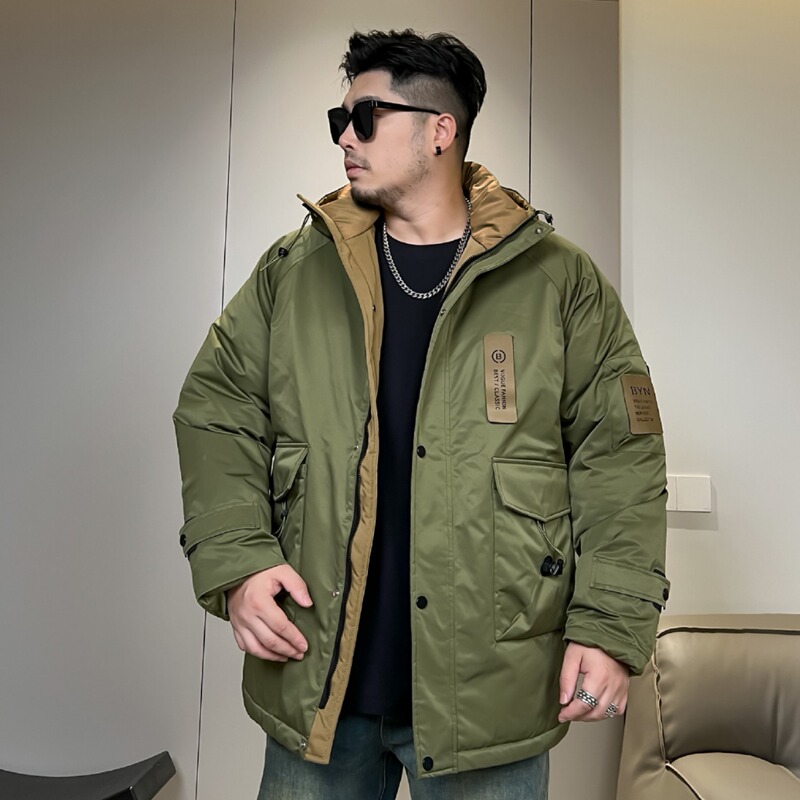 Plus Size Cotton Jacket for Men, Winter Mid-Length Style, 2023 New Workwear Trendy Hooded Warm Coat for Men, Cold-Proof