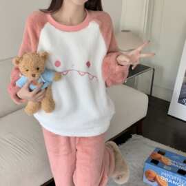 实拍时时爆小鲨鱼秋冬季睡衣女加绒加厚珊瑚绒睡可爱可外穿家居服