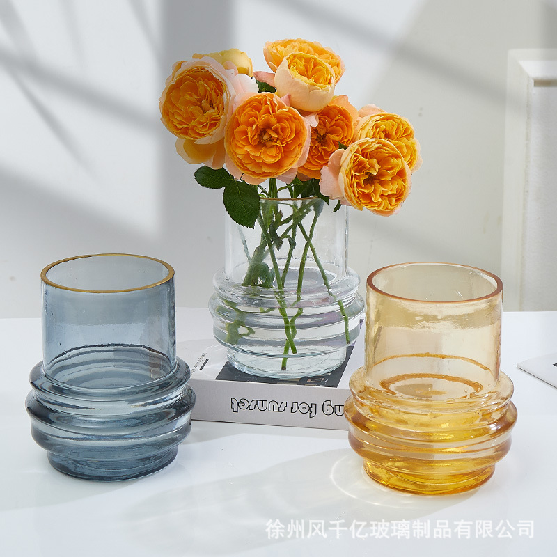Light Luxury Gold-Painted Large-Mouth Glass Vase, Transparent Hydroponic Flower Arrangement, Living Room Entrance Home Decoration Ornament, Manufacturer Wholesale