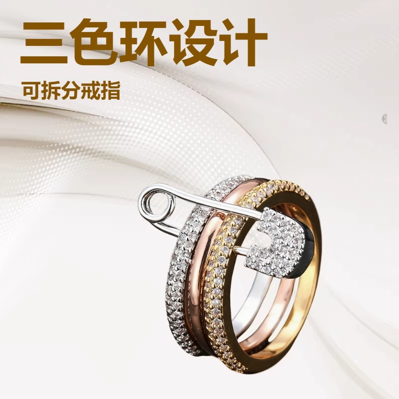 Fashion three-color ring detachable ring women's personality micro-inlaid zircon pin finger ring cross-border hot-selling detection