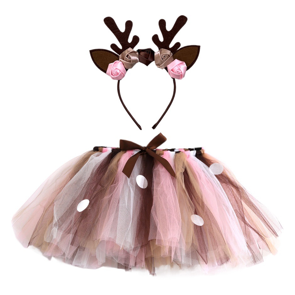 Girl's Round Skirt with Head Hoop Children Elk Girls Hand Tie Tutu Skirt Two-Piece Suit