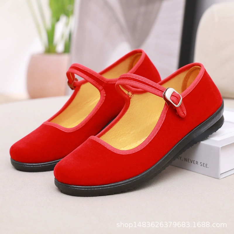 Нескользящая Тканевая обувь Old Beijing, женская обувь, красная Однослойная обувь на плоской подошве, Рабочая обувь для отеля, квадратная танцевальная обувь, обувь для мам