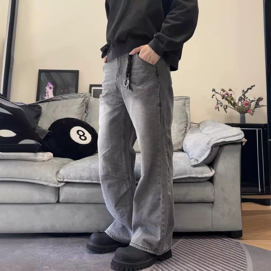 Pantalon en denim droit à jambe large pour homme, style décontracté, polyvalent, ample, délavé et usé_voghion.com