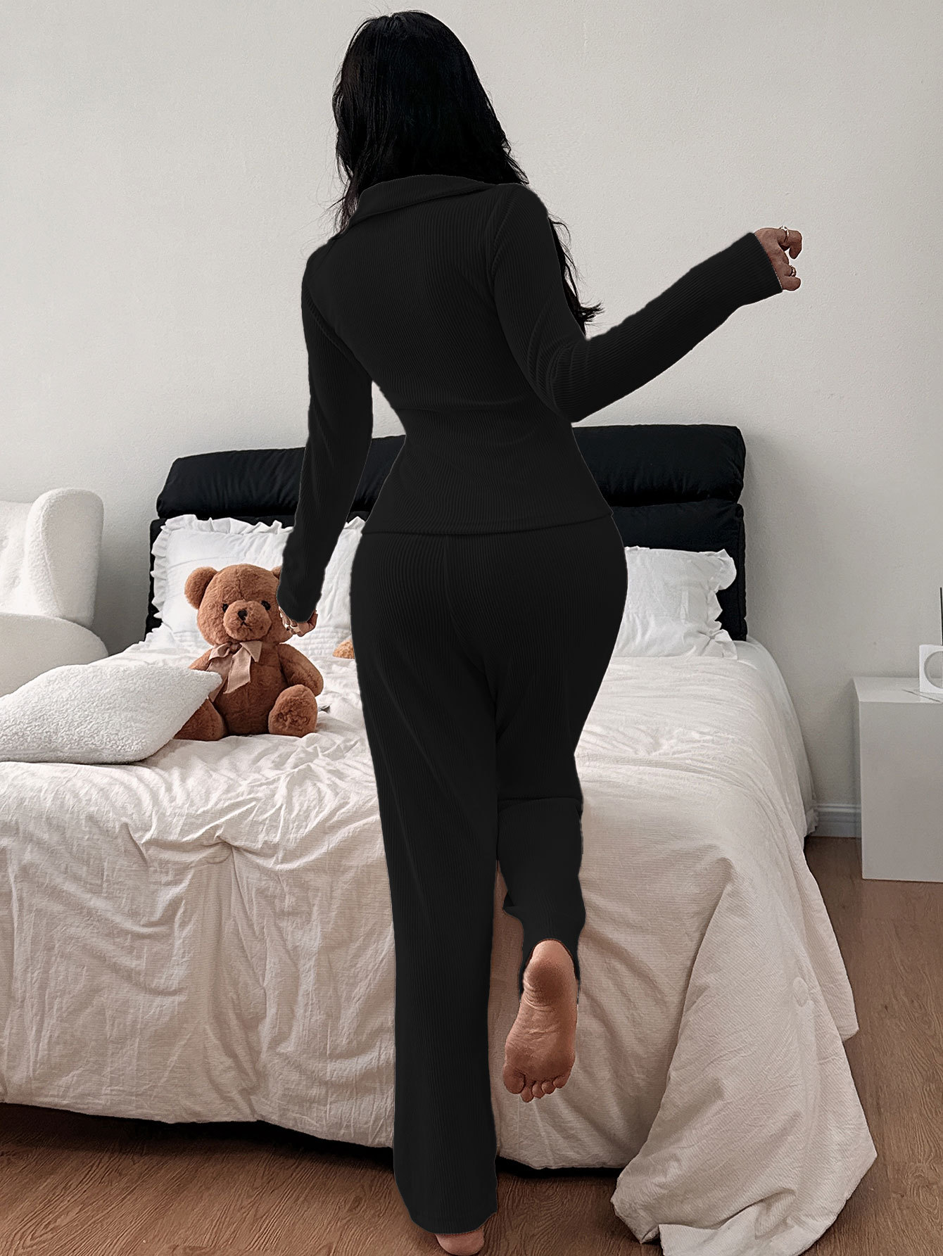 Damernas pyjamasset med polokrage och långärmad loungewear_voghion.com