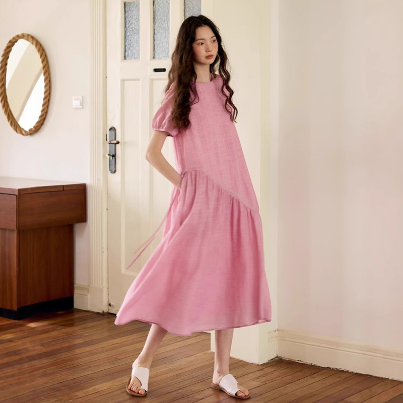 2026 Spring and Summer Dress for Women, Ramie Bias-Cut Slimming Short-Sleeved Pink A-Line Mid-Length Skirt C0606
