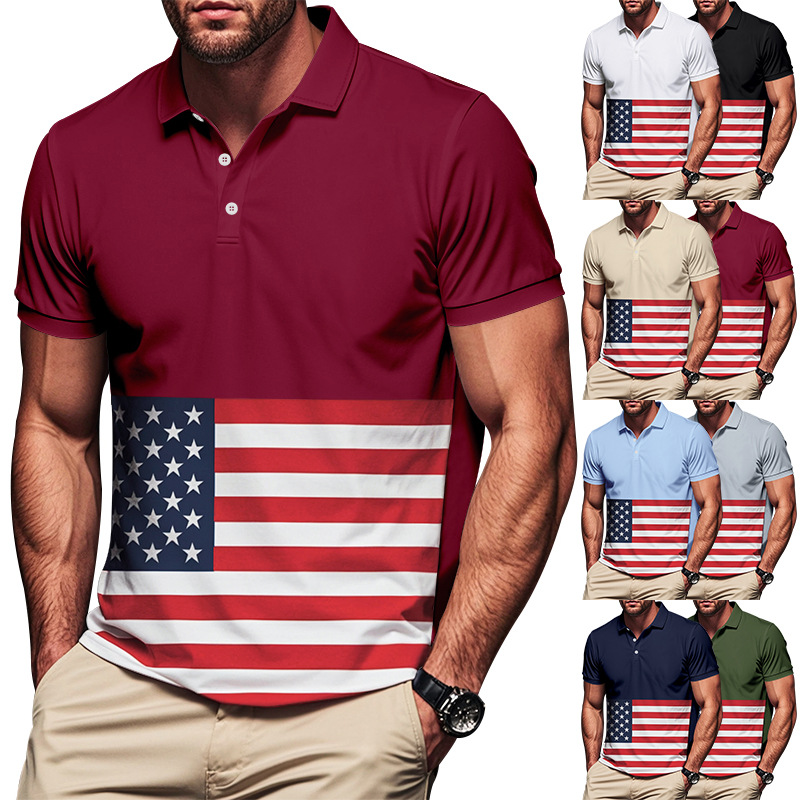 Europa y los Estados Unidos Amazon Hot Sale hombre botón de color coincidente camisa de polo de verano impresa con bandera nacional