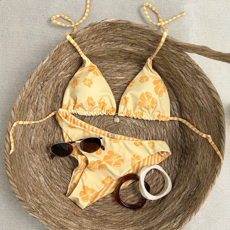2026 New European and American Style Yellow Printed Bikini Two-Piece Swimsuit for Women with Triangle Cups, Halter Neck, and Tie-Up Design for Beach Vacation 2026 New European and American Style Yellow Printed Bikini Two-Piece Swimsuit for Women with Triangle Cups, Halter Neck, and Tie-Up Design for Beach Vacation