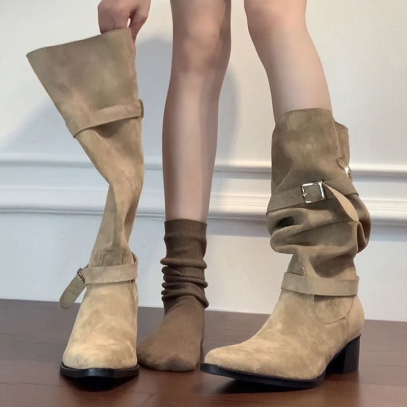 Over-The-Knee Boots for Women, 2026 Autumn Collection, Khaki Suede Pointed-Toe Boots, Chunky Heel, Slimming Ruched Booties Over-The-Knee Boots for Women, 2026 Autumn Collection, Khaki Suede Pointed-Toe Boots, Chunky Heel, Slimming Ruched Booties