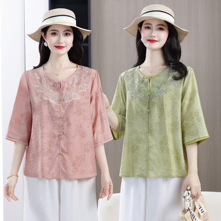 Middle-Aged and Elderly Women's Cotton Linen Tencel Linen Tops, Young Mom's Outfit Set, Summer High-End New Large Size Embroidered Shirt