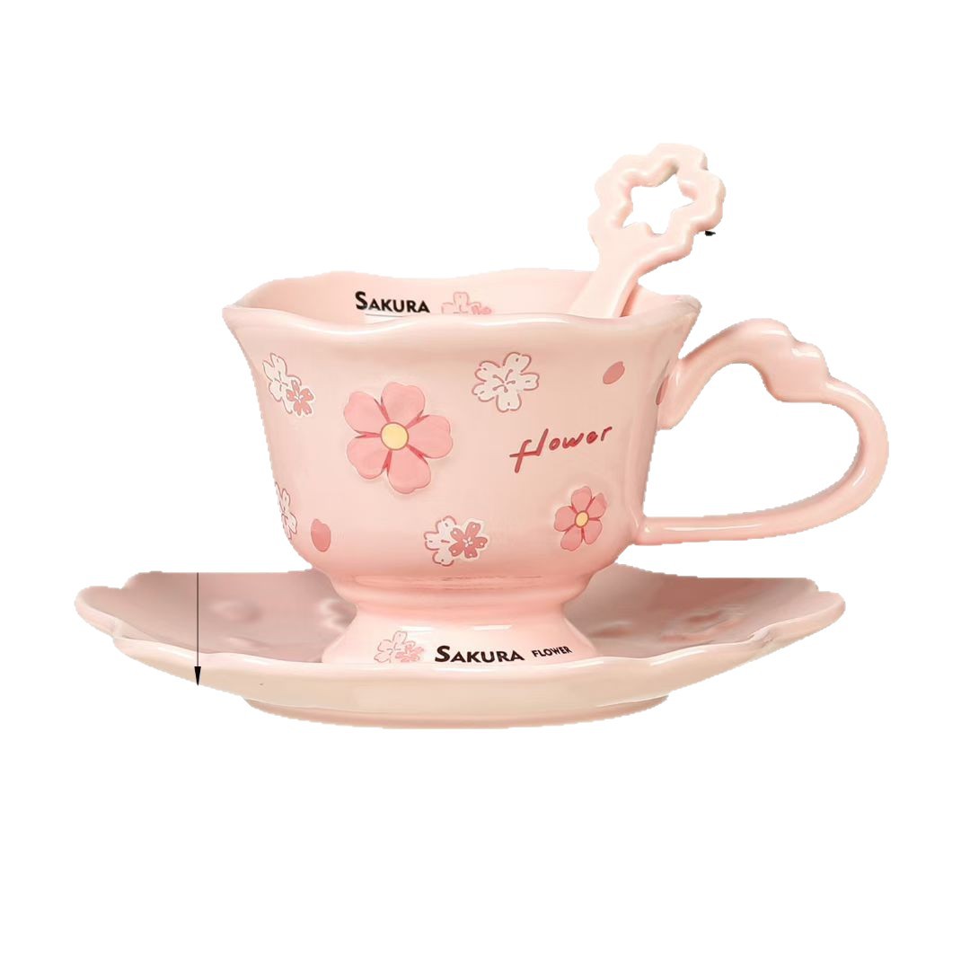 Personalidad creativa rosa taza de cerezo combinación de taza de cerámica de té de la tarde regalo de mano taza de café de niñas transfronterizas