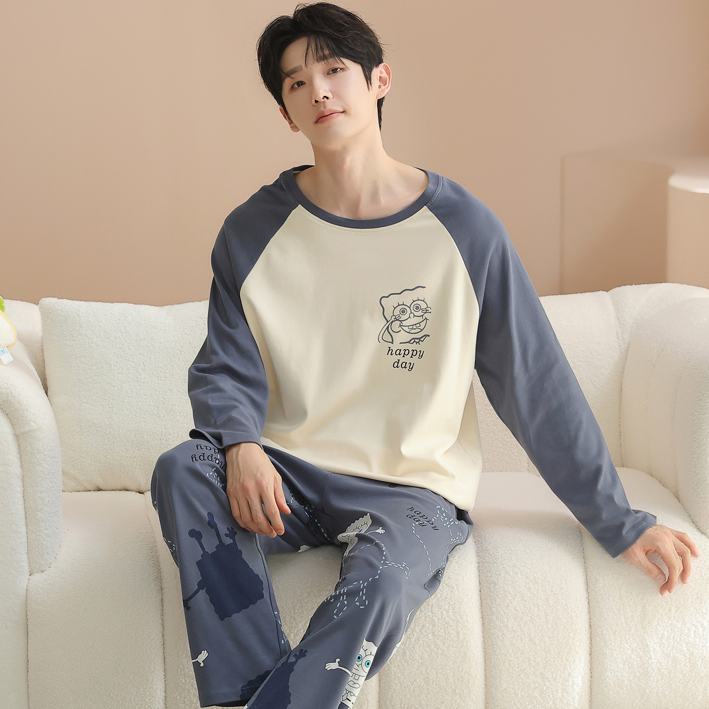 Spring, Summer, Autumn and Winter Youth Long-Sleeved Pants Couple Pajamas 2025 New Pure Cotton Cartoon Home Clothes Set