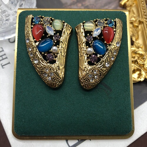 Retro aged necklace copper chain short necklace colorful cat's eye stone diamond plated real gold necklace earrings ear clip set