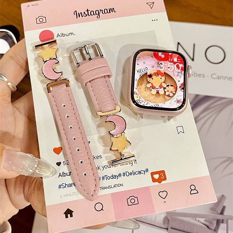 Ins-Style Metal Star and Moon Leather Strap Suitable for Apple Watch Series 10 and 98, Fine Texture Lychee Pattern S11 Wristband